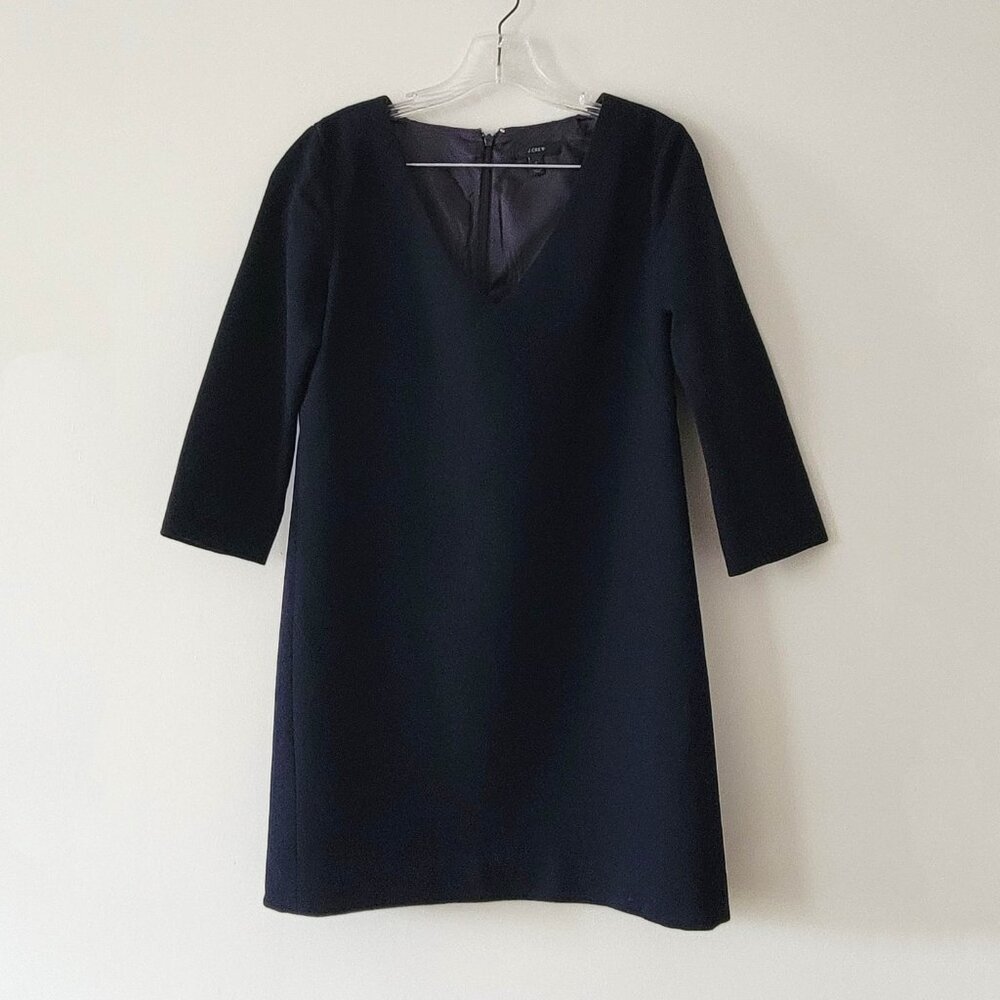 J Crew Wool V-Neck 3/4 Sleeve Business Casual Navy Blue Shift Dress - Size 2
